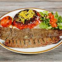 Soltani · 1 skewer of seasoned mixed ground beef and lamb and 1 skewer of marinated beef fillet with g...