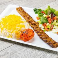 Ground Beef Kabob Entree · Koobideh. 1 skewer of ground beef mixed with pureed onions and spices, served with grilled t...