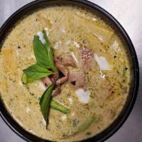 2. Green Curry · Thai special green curry paste, coconut milk, bamboo shoot, bell peppers and basil leaves wi...