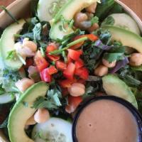 Avocado & Chickpea on Kale · Avocado, chickpea, red bell pepper, cucumber, kale, romaine lettuce and cilantro.  With Miso...