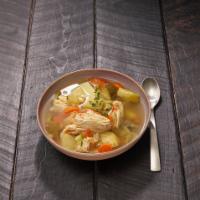 Chicken Soup · Chicken soup with all white chicken meat and vegetables. Served with a side of rice.