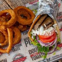 Lamb and Beef Gyro  · Thick sliced lamb and beef gyro, feta cheese, lettuce, tomatoes, red onions, and side of gyr...