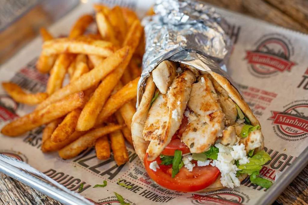 Chicken Gyro  · Fresh-grilled boneless chicken breast, feta cheese, red onions, lettuce, tomatoes, and a side of gyro sauce.
