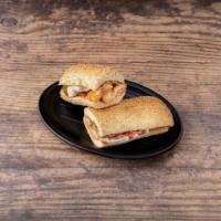 Murray Hill Sandwich · Crispy chicken cutlet, crisp bacon, melted mozzarella, tomato and mayo on a sesame bagatta.