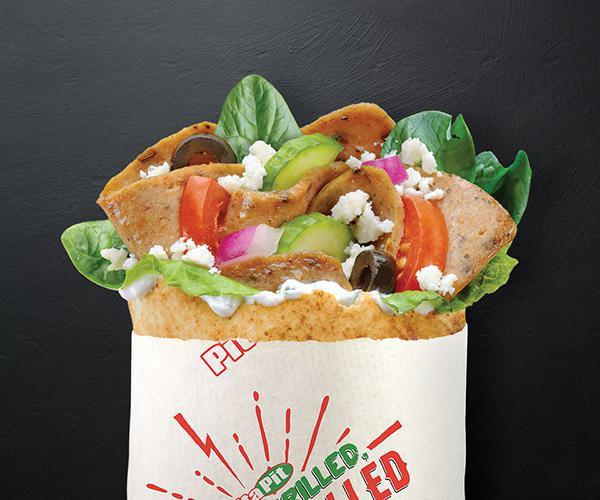 Smaller Gyro · Seasoned strips of lamb and beef, spinach, cucumbers, tomatoes, onion, black olives, feta and tzatziki.