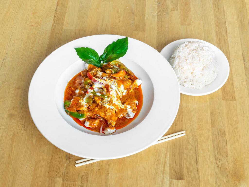 Pad Panang Curry · Spicy panage curry paste stir fired with coconut milk, bell peppers, and basil. Gluten-free, hot and spicy.