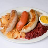 Wurst Sample Platter · Bratwurst, knackwurst, weisswurst, sauerkraut and spicy mustard.