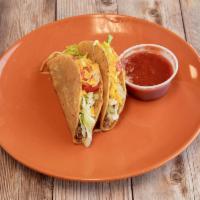 Hard Taco · 2 hard corn tacos, your choice of meat, lettuce, tomato and cheese. Comes with a medium/hot ...