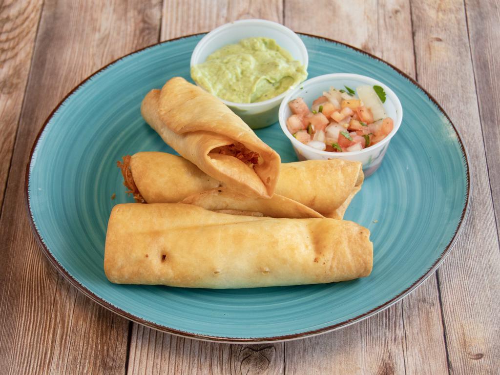 Flautas · 3 flour tortillas filled with chicken and cheese and fried. Served with avocado crema and pico de gallo.