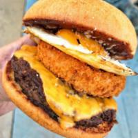 Far East Burger w/ side of fries · Sirloin patty, bacon, onion ring, sunny-side egg, cheese, BBQ sauce and brioche bun. saved w...