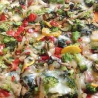 Vegetable Pizza · Sauteed zucchini, onions, mushrooms, roasted peppers, spinach, broccoli and garlic.