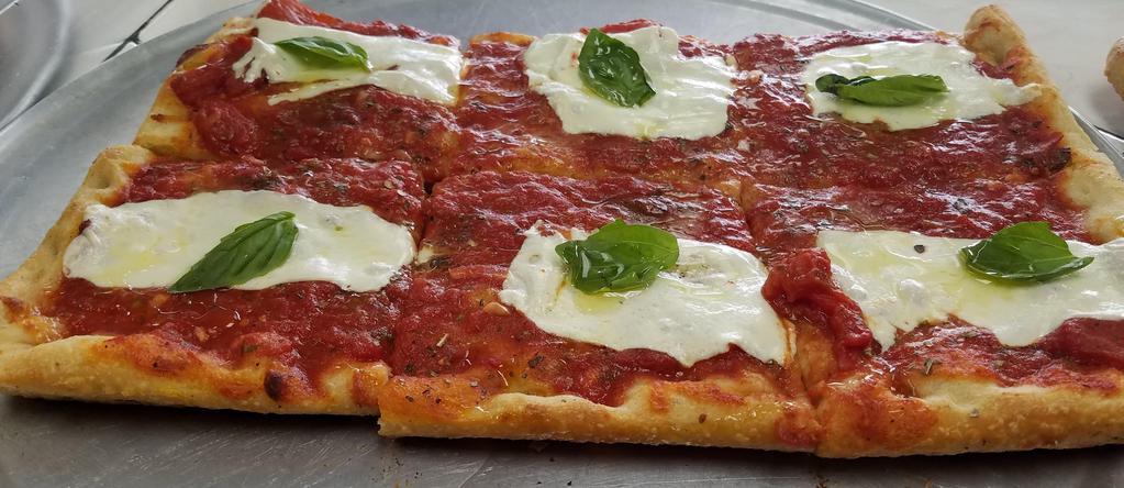 Grandma Pizza · Thin crust square pizza with marinara sauce, fresh mozzarella and basil.