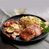Atlantic Salmon (GS) · Gluten sensitive. Flame grilled, choice of garlic herb butter, blackened or BBQ Glazed. Serv...
