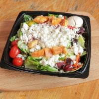 Greek Salad · Feta cheese, tomatoes, green peppers, onions, Kalamata olives, roasted peppers, egg, and cro...