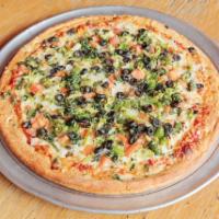 Primavera Pizza · green peppers,onions,tomatoes, broccoli, spinach, olives and garlic.