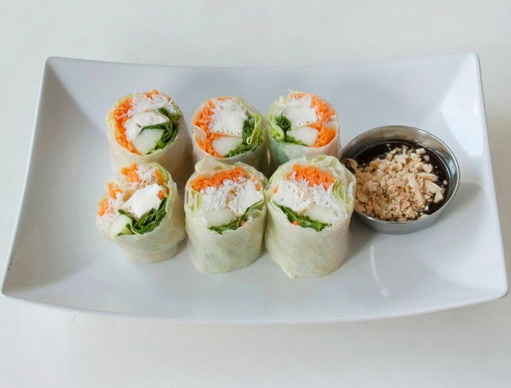 Summer Roll · Lettuce, carrot, cucumber,tofu and basil in soft rice paper wrap served with hoisin sauce and peanut.