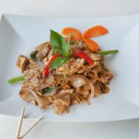 Pad Kee Moa Noodle · Sauteed flat noodle with egg, basil, onion, carrot, sting bean and bell peppers in Thai spic...