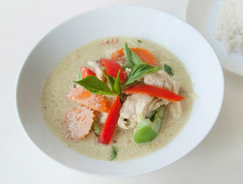Green Curry · Bamboo shoot, eggplant, bell pepper and basil in coconut green curry.