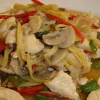 Pad Ginger Sauce with Fresh Ginger · With mushroom, onion, celery, bell pepper and carrot.
