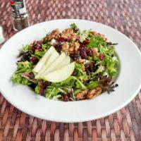Candied Walnut Gorgonzola Salad · Homemade candied walnuts, mixed greens, crumbled Gorgonzola, craisins, Granny Smith apples a...