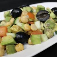 Avocado and Garbanzo Salad · Avocado and garbanzo beans tossed with the chef's special house dressing. Vegan.