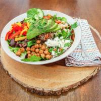 Mediterranean Bowl · Baby Spinach, Mixed Greens, Quinoa Tabbouleh, White Beans, Pear Tomato, Avocado, Cucumber, K...