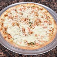 Chicken Bruschetta Pizza · Chicken cutlet, fresh tomatoes, onions, garlic and basil.