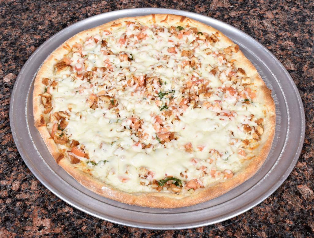 Chicken Bruschetta Pizza · Chicken cutlet, fresh tomatoes, onions, garlic and basil.