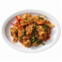 Shrimp Biryani · jumbo shrimp cooked with assorted veg ,rice and special biryani's spices.