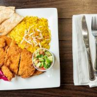 Chicken Cream Chop Plate · Hand breaded and seasoned chicken breast. Served with basmati rice, pita bread, and your cho...