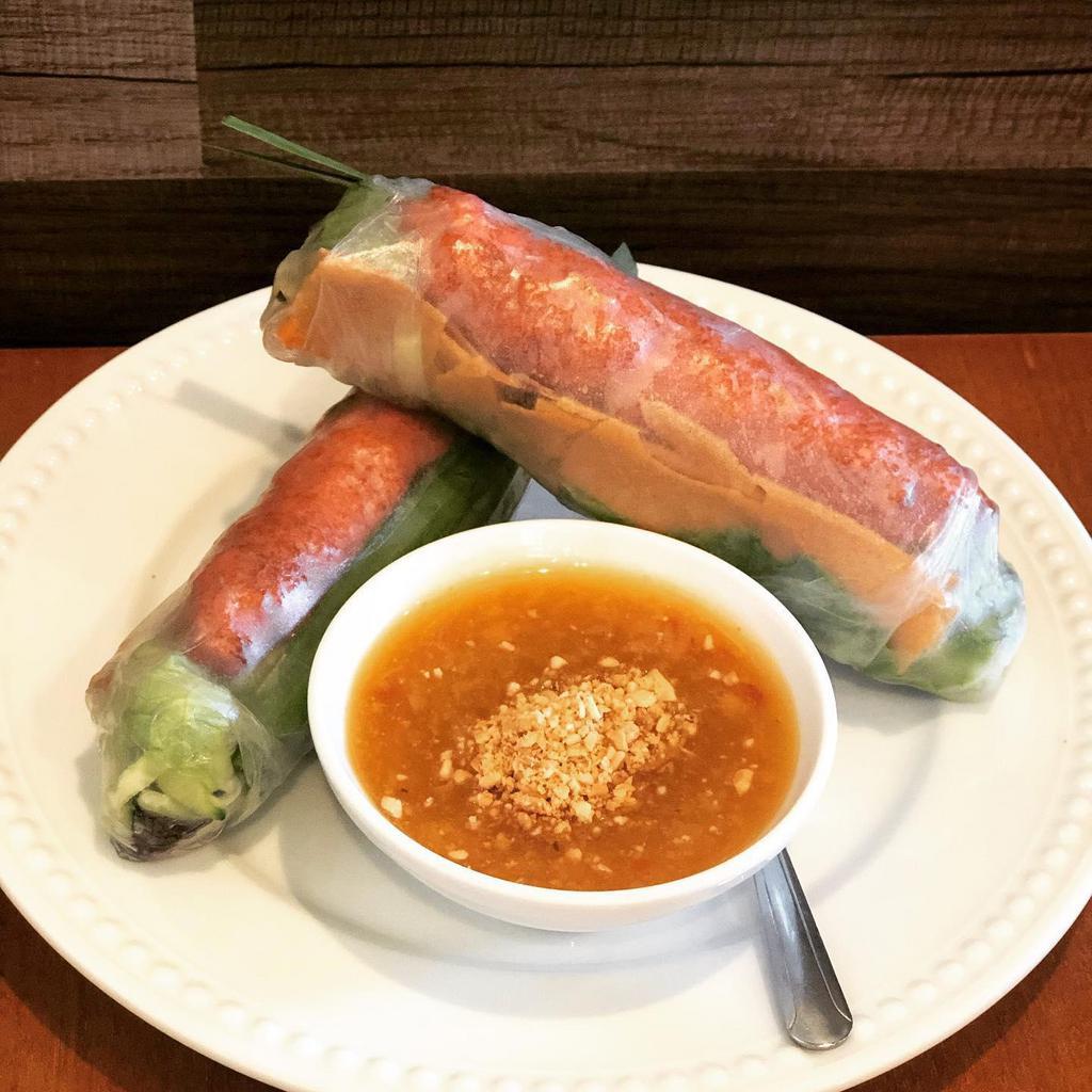 A5. Bo Nuong Cuon · Grilled beef salad rolls 2 rolls. Rice paper wrapped grilled beef, vermicelli, lettuce, cucumber, Thai basil, mint, carrot & daikon, beansprout, chives. Served with fish sauce.
