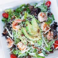 Shrimp & Avocado Salad · Wild-caught shrimp with spicy chipotle salsa & avocado on a bed of romaine and spring mix wi...