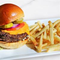 Angus Cheddar Burger · Angus beef patty, cheddar, iceberg lettuce, tomato, red onion and pickles on a brioche bun. ...