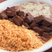 Family Meal Chile Colorado Platter (For 4) · Rice, Beans, Chile Colorado, Soup Or Salad, 4 Sodas Chips & Salsa