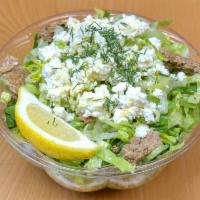 Prasini Salad · Shredded romaine lettuce, twice-baked barley rusk croutons, capers, green onion, fresh dill ...
