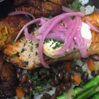 Grilled Salmon with Chili Lime Butter   · Coconut rice with citrus black beans, asparagus, pickled red onion, sweet plantains, cilantro.