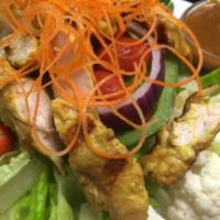 Grilled Chicken Salad · Grilled sliced chicken satay with red and green pepper, carrot, tomato, red onion, cucumber ...