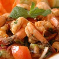 Lime Shrimp Salad · Steamed shrimp with red onion, lemongrass, tomato, mushroom, lettuce, scallion and cilantro ...