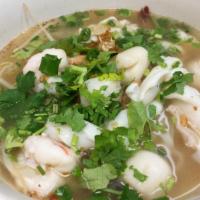 Tom Yum Talay Noodle Soup · Spicy rice noodle soup with seafood, bean sprout, grounded peanut, garlic, scallion, and cil...