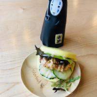 Chicken Bun(1pc) · Steamed bun stuffed with karaage chicken, cucumber, and baby mixed greens served with Tanaka...