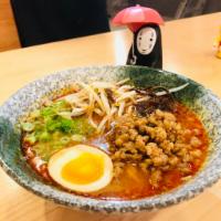 Tanaka Spicy Miso Ramen · Pork broth: ground pork soboro, kikurage, spicy bean sprouts, green onion, half-seasoned egg...