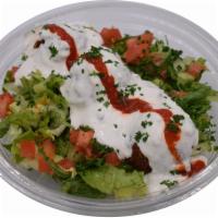 Falafel Salad · Chickpea patties, lettuce, tomato, parsley, tzatziki or hummus. Vegetarian.