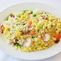 Yang Chow Fried Rice 扬州炒饭 · Fried white rice with roast pork, chicken, shrimp, green peas, carrot, eggs, onion and green...