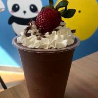Choco Berry · Chocolate and strawberry smoothie topped with whipped cream, chocolate shavings, and a straw...
