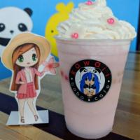 Sakura  · Coconut,  lychee and strawberry smoothie with cherry poppers and strawberry heart jelly.