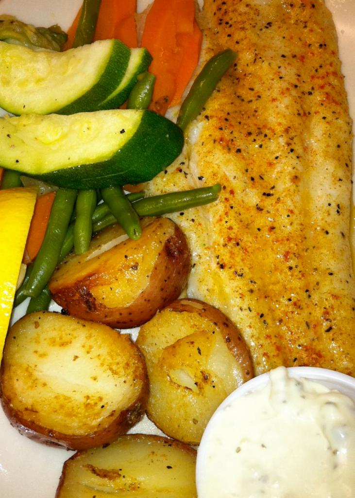 Baked Cod · Includes starch, vegetable of the day and, choice of soup, tossed salad or coleslaw.