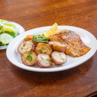Grilled Salmon · Includes starch, vegetable of the day and, choice of soup, tossed salad or coleslaw.