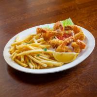 Jumbo Shrimp · Five pieces, Lightly home breaded, deep fried. Includes starch, choice of soup, tossed salad...