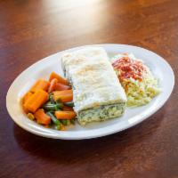 Spinach Pie · Home made Spinach & Cheese Pie is served with rice. Include a choice of a cup of soup, a tos...