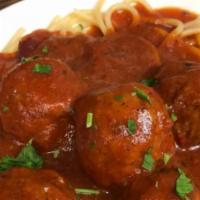 Spaghetti & Meatballs · Homemade deliciousness! Choice of cup a of soup, tossed salad or coleslaw and garlic toast.